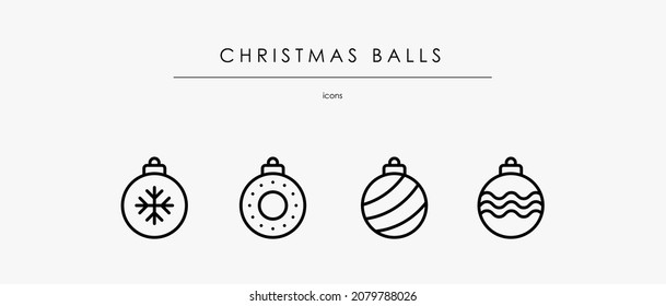 Set of Christmas balls icon. Line art. Flat vector. Linear black Christmas balls icons isolated on white background. Collection of New Year toys for a tree. Balls with a pattern for winter decoration