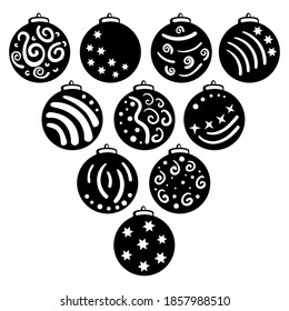Set of Christmas balls isolated. Black and white illustration. Flat design. Modern vector illustration. Xmas decoration. Happy new year. Round shape collection. Christmas ornament. Holiday greeting