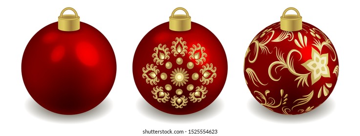 Set of Christmas balls isolated on white. Toys for New Year or Christmas tree design  ornate with pattern, red and golden. Vector illustration