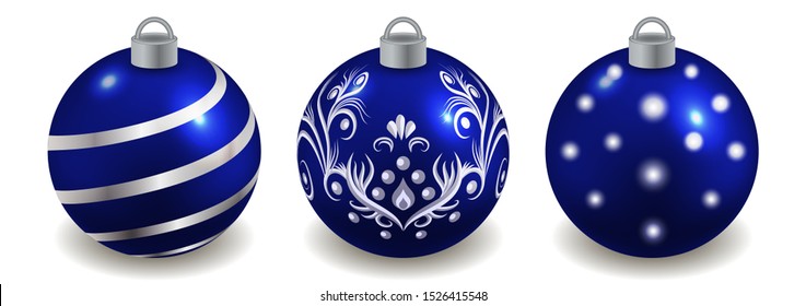 Set of Christmas balls isolated on white, blue with silver decor. Toys for New Year or Christmas tree design  ornate with pattern. Vector illustration