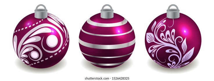 Set of Christmas balls isolated on white, purple with silver decor. Toys for New Year or Christmas tree design  ornate with pattern. Vector illustration