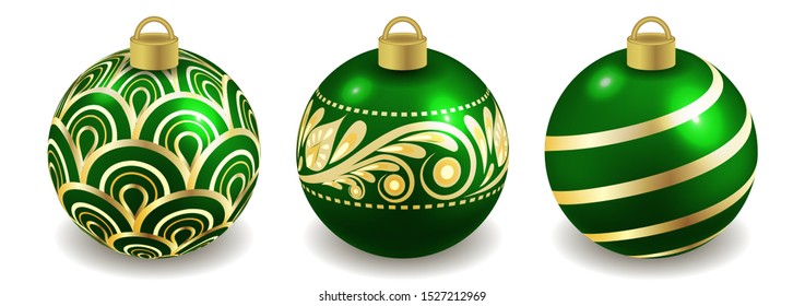 Set of Christmas balls isolated on white, green with golden ornament. Toys for New Year or Christmas tree design  ornate with pattern. Vector illustration