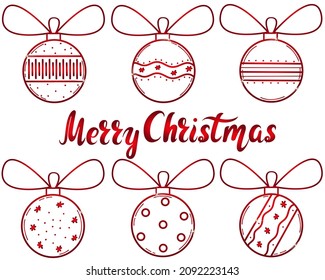 Set of Christmas balls isolated vketorny illustration. Collection of beautiful red shining trinkets and hand lettering inscription merry christmas