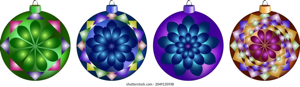 set of christmas balls with kaleidoscope pattern, Christmas tree decoration for Christmas, isolated on white background