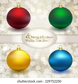 Set of Christmas balls, New year set of colored Christmas balls on abstract background with transparent circles with flare.  Christmas vector set for decoration, design, festive tree-Christmas trees.