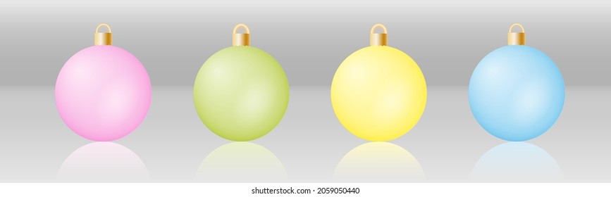 Eine Reihe von Weihnachtsbällen auf hellem Hintergrund mit Reflexion. Spielzeug zu Weihnachten und Neujahr.