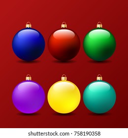 Set of Christmas balls on a red background. Vector illustration .
