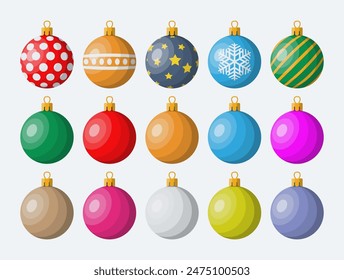 Set of christmas balls on white background. Glass toy baubles. Happy new year decoration. Merry christmas holiday. New year and xmas celebration. Vector illustration in flat style