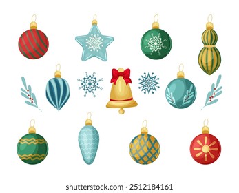 Set of Christmas balls on a white background. Christmas decorations for the tree. Collection of Christmas balls of different shapes. Bell with bow and snowflakes.