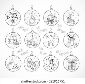 Set of Christmas balls with ornaments isolated on white background. Contains lettering "Merry Christmas" in different languages Vector sketch illustration.