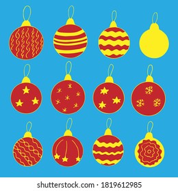 Conjunto de bolas de Navidad con ornamentos, ilustración vectorial, dibujo a mano, color rojo y amarillo, fondo azul
