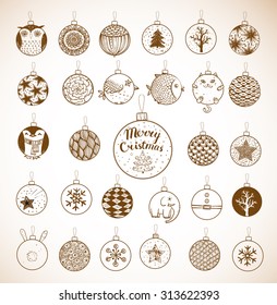 Set of Christmas balls with ornaments. Vector sketch illustration.
