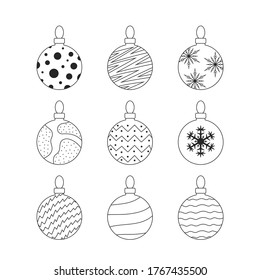 Set of Christmas balls in outline. Vector isolated icons collection of shiny glass baubles with snowflakes.