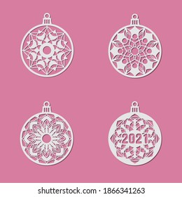 Set of Christmas balls with patterns.
Template for laser cutting, wood carving, plywood.
Vector illustration