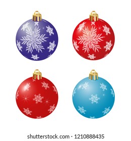 Set of Christmas balls red and blue with snowflakes. Isolated on white background. Vector illustration.