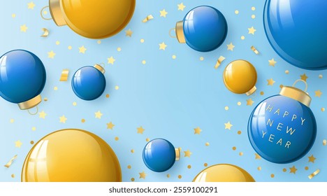 A set of Christmas balls, red, blue, green, yellow, and pink on white background.