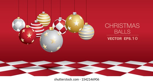 Set of Christmas balls with red wall and red chess floor. Christmas scene vector.