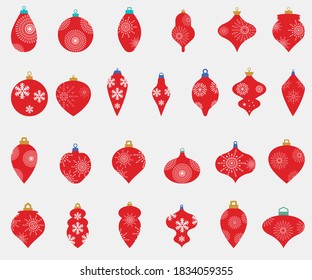Juego de bolas de Navidad rojas y blancas con copos de nieve. Aislado sobre fondo blanco. Juego de bolas de Navidad con copos de nieve Icono de símbolo de ilustración vectorial.