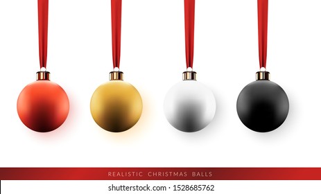 Set of Christmas balls with ribbon on white background. 3D realistic Vector illustration.