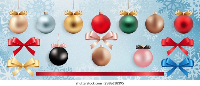Set of Christmas balls, ribbons, bows and snowflakes on a ready-made holiday background. Beautiful New Year's multi-colored balls, ribbons and snowflakes for use in design.
