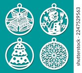 Set of Christmas balls. Round hanging decorations with a snowman, bells, snowflake. Template for plotter laser cutting of paper, wood carving, metal engraving, cnc. Vector illustration.