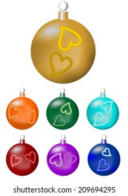 A set of christmas balls in seven color variants - gold, orange, green, blue, turquoise, purple, red