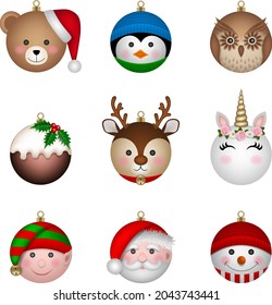 set of christmas balls in the shape of funny characters