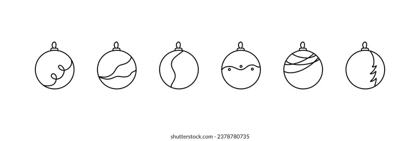 Ponga bolas de navidad. Estilo de línea simple. Esbozo.Decoración de elementos aislados. Ilustración vectorial. Para invitación, tarjeta de saludo.