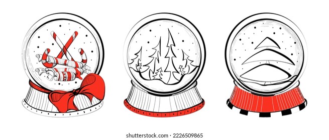 Bolas de Navidad con nieve con árboles y dulces para tus diseños