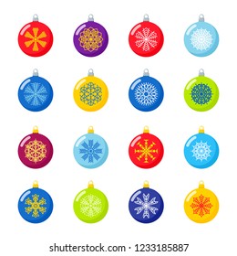 Set of christmas balls with snowflake isolated on white background. Element for your Merry Christmas design. Flat style vector illustration