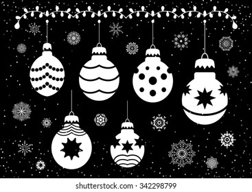 A set of Christmas balls, snowflakes and branch for decoration.