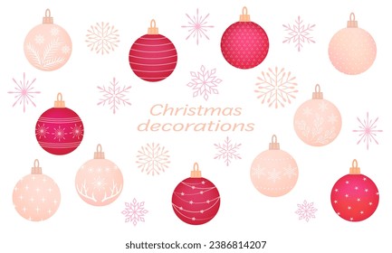 Set of Christmas balls and snowflakes for design card or banner, isolated on white background, New Year decoration elements, vector illustration.
