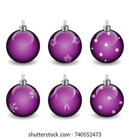 Set of Christmas balls with snowflakes of purple color isolated on white  background