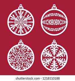 Set of christmas balls. Templates for laser cutting, plotter cutting, wood carving or printing. New Year's decoration. Cutout openwork toy. Vector monochrome illustration.