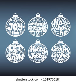 Set of christmas balls templates for laser cutting. New year stencil for window decoration. Paper cut pattern for scrapbooking.