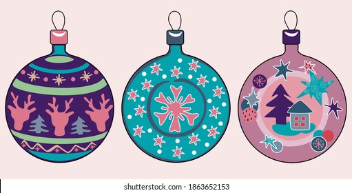 Set of christmas balls. Three colored balls on a Christmas tree with  ornament. Isolated Template for your New Year and Christmas projects. Vector cartoon illustration. 