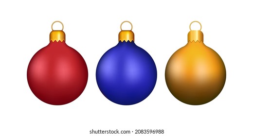 Set of Christmas balls. Three Christmas balls. Red, blue and gold Christmas balls. Vector illustration isolated on white background.