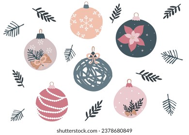Set of Christmas balls toys. ball with hand drawing ornaments. Xmas, new year design. Isolated collection