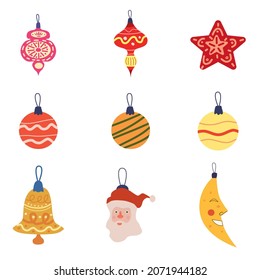 Set of Christmas balls toys, vintage baubles and decoration. Vector collection retro decorations, falt cartoon style