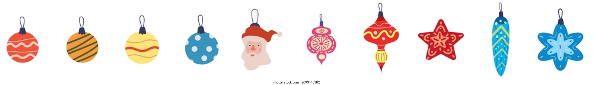 Set of Christmas balls toys, vintage baubles and decoration. Vector collection retro decorations, falt cartoon style