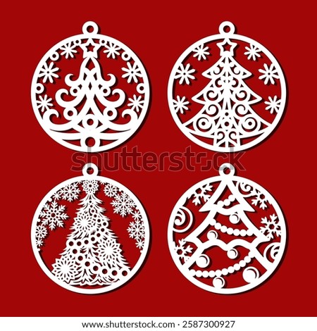 Set of Christmas balls with Christmas tree, snowflakes, stars. Round hanging holiday decorations. Vector template for plotter laser cutting of paper, fretwork, wood carving, metal engraving, cnc. 