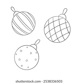 Set of Christmas balls in vintage style. Hand drawn outline illustration, black and white isolated. Vector. For cards, design. banners, invitations