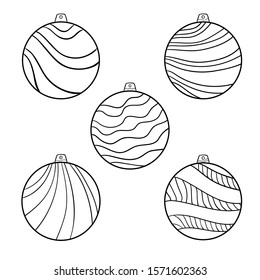 Set of Christmas balls with wavy and striped patterns on white isolated background. Suitable for coloring book, poster, cards.