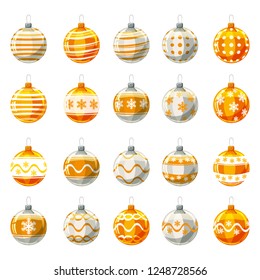 Set of Christmas balls yellow, gold colour decorated on white background, illustration, vector, isolated
