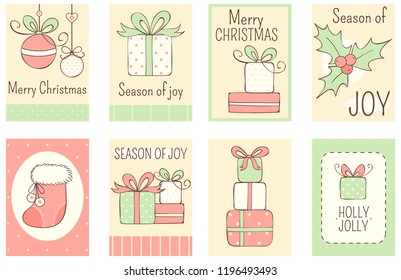 Set of Christmas banner, background, flyer, placard in retro style. Holiday poster for scrapbooking. Vector template card for greeting, decoration, congratulation, invitation in pastel colors. EPS8