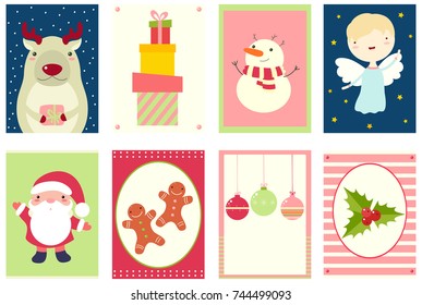 Set of Christmas banner, background, flyer, placard. Xmas poster and sticker for scrapbooking. Vector template card for greeting, decoration, congratulation, invitation in red and green color. EPS8