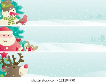 Set of christmas banner. Vector banners with Santa Claus, snowman, Red Nosed  Reindee, branches of fir tree and christmas decoration  on winter snow landscape