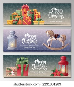 Set of christmas banners with bunch of gift boxes, red lantern, rocking horse. Festive Christmas background with winter decor. Vector illustration for banner, flyer, postcard