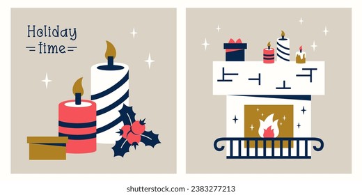 Set of Christmas banners. Candles with spruce branches, berries, holly, gift boxes. Stone fireplace with burning flame. Holiday decorations, greeting text. Vector flat illustration for winter design
