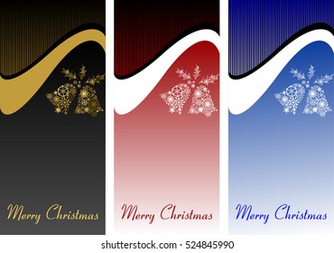 A set of Christmas banners, cards with white bells. Festive background with snowflakes
